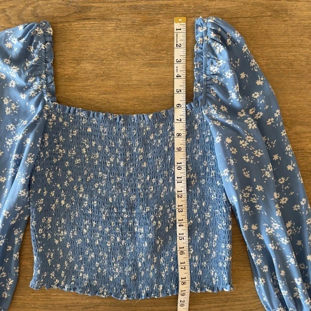 Reformation Pinto Top-Lassen Blue Floral-Smocked Georgette Long Sleeve Blouse-M